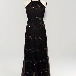 Black Sleeveless Halter Open Back & Holographic Glitter Splash Tulle Gown-Small